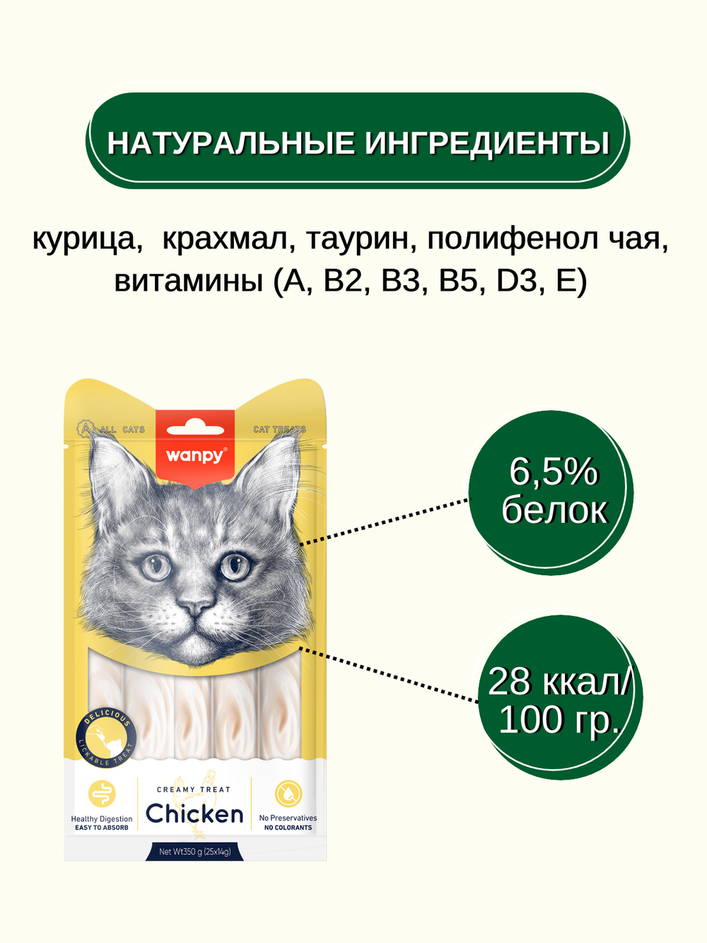 Wanpy Cat Лакомство для кошек "нежное пюре" из курицы 25 шт х 14 г