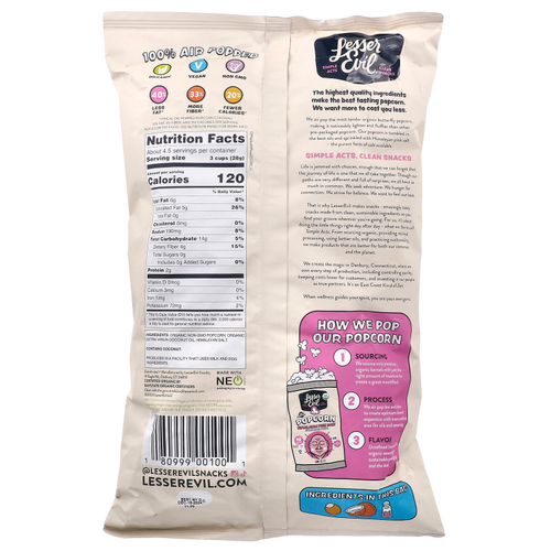 LesserEvil, Popcorn, розовая гималайская соль, 130 г (4,6 унции)