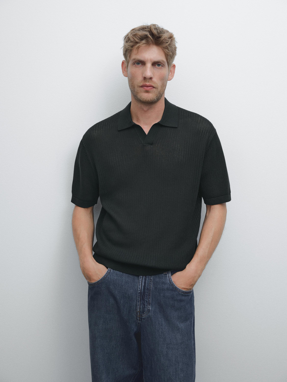 Massimo Dutti Поло с V-образным вырезом и ажурной отделкой, темно-синий