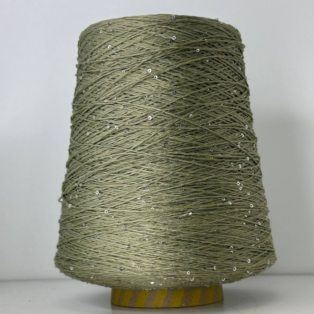 LINETTE PAILLETES - 80% лен, 20% п/а, микропайетки 2мм, ; 450м\100гр; цвет: оливковый , пайетки серебро
