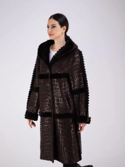 Дубленка женская натуральная длинная с капюшоном оверсайз