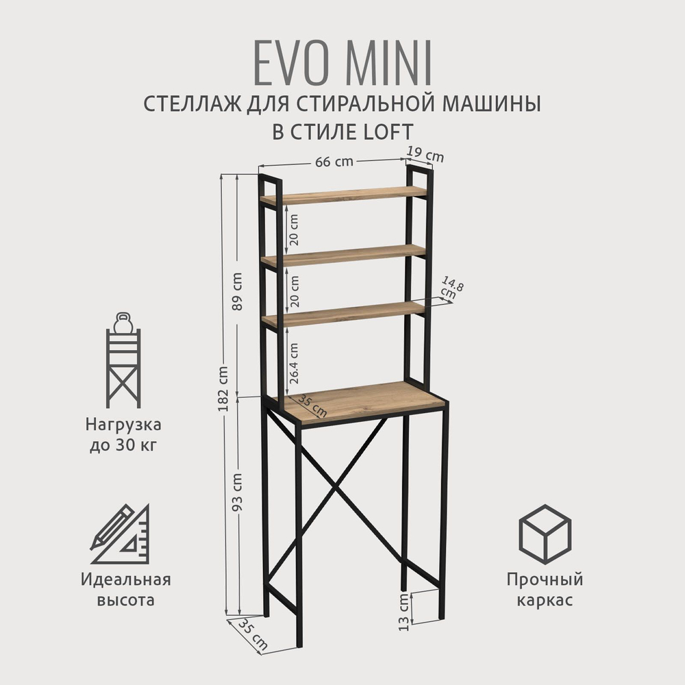 Стеллаж в ванную EVO mini loft,этажерка для стиральной машины, шкаф для ванной комнаты, 66х60х182 см, ГРОСТАТ