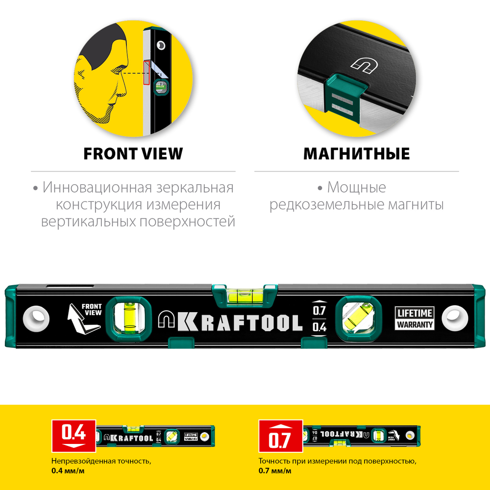Kraftool 400 мм, магнитный уровень с зеркальным глазком