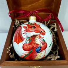 Коллекционный елочный шар с росписью Палех "Дракон" в деревянной шкатулке