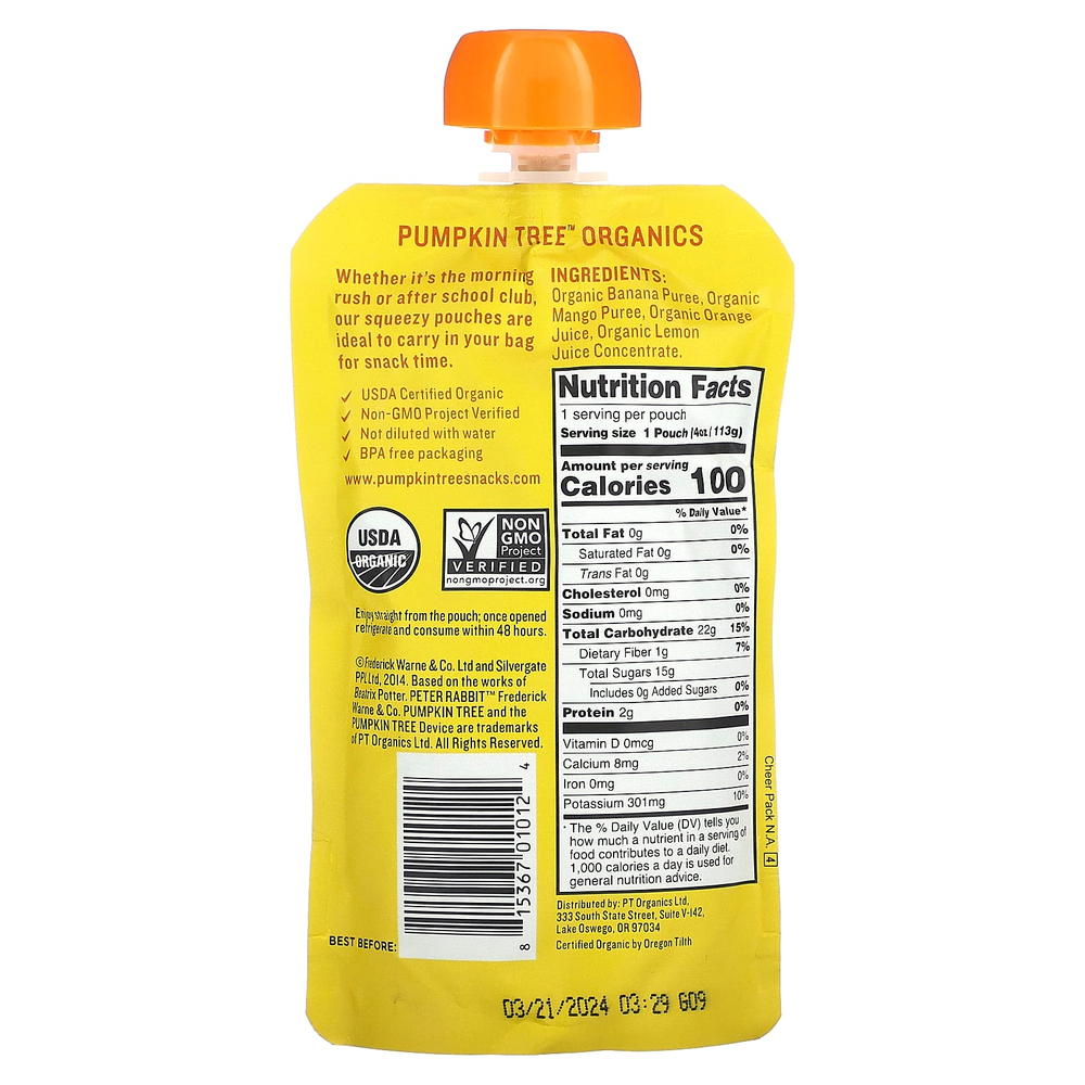 Pumpkin Tree Organics, Peter Rabbit Organics, органическое фруктовое пюре, банан, манго и апельсин, 113 г (4 унции)