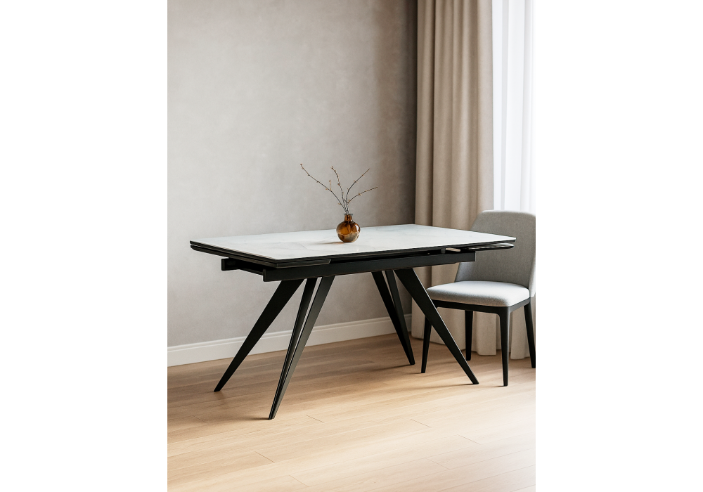 Стол стеклянный Woodville Дарвин 140(200)х80 белый мрамор, черный, ножки черные