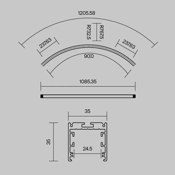 Радиусный профиль 35x35 D1500мм 1/4 круга черный Led Strip alm-3535r-b-d-90°-1.5m