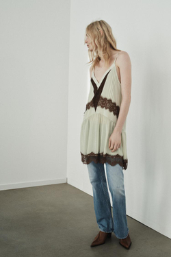 ZARA КОРОТКОЕ КОМБИНИРОВАННОЕ ПЛАТЬЕ С КРУЖЕВОМ, КОРИЧНЕВЫЙ/ЗЕЛЕНЫЙ