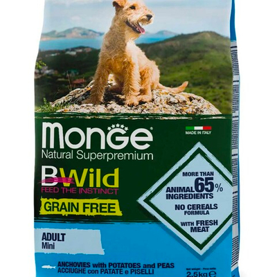 Monge Dog Mini GF Bwild Anchovies - беззерновой корм для собак мелких пород (анчоусы с картофелем и горохом)