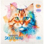 Скетчбук А5 20 л. клеевой край, пл.200 гр/м2, белая бумага BG Акварельный кот