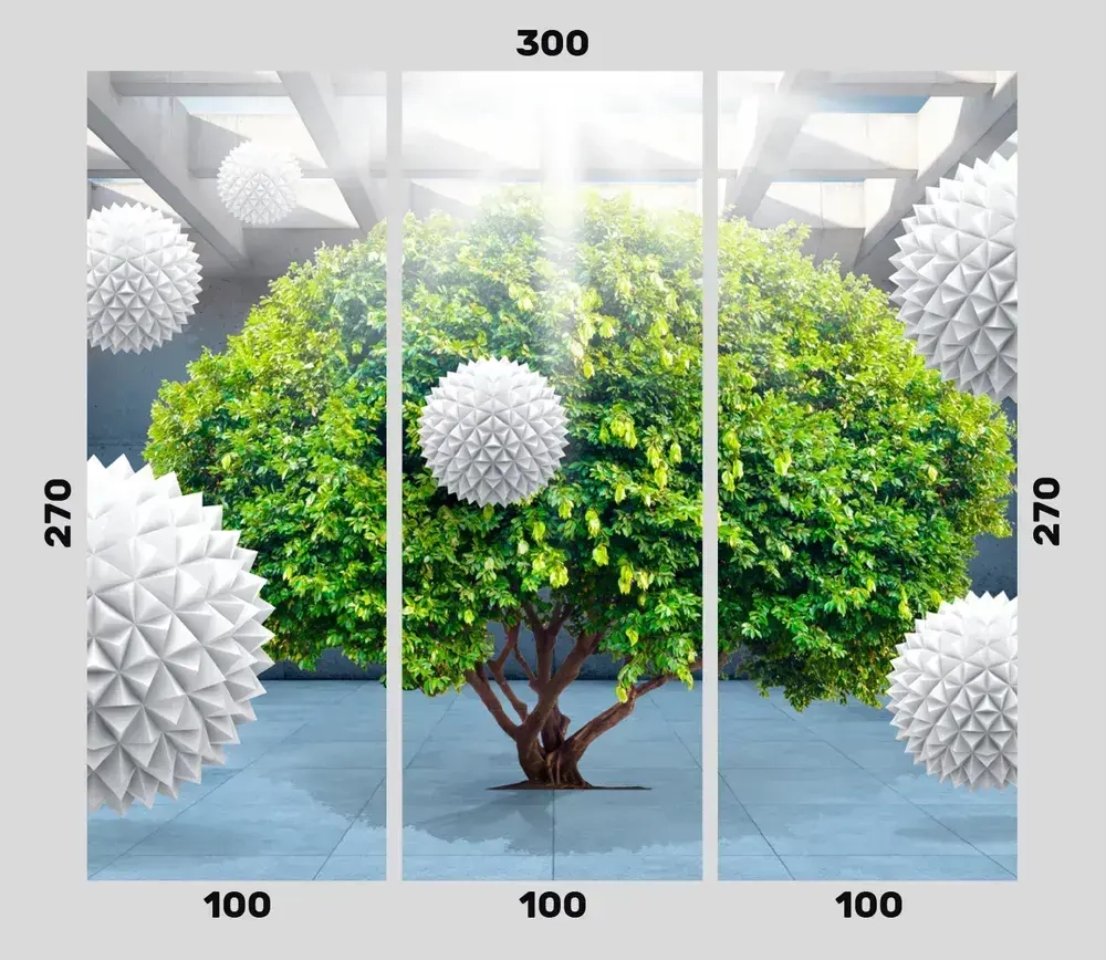 Фотообои виниловые на флизелиновой основе "Дерево с колючими шарами 3D зеленый", Арт. 13-076, 300х270см (ШхВ)