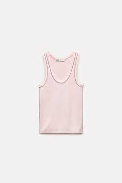 ZARA ОДНОТОННЫЙ ТОП С КОНТРАСТНОЙ ОКАНТОВКОЙ, СВЕТЛО-РОЗОВЫЙ