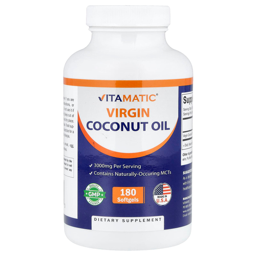 Vitamatic, кокосовое масло первого отжима, 180 капсул (1000 мг в 1 капсуле)