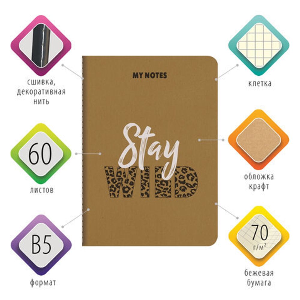 Тетрадь 60 л. в клетку обложка КРАФТ, бежевая бумага 70 г/м2, сшивка, В5 (179х250 мм), СЛОГАН, BRAUBERG, 403810