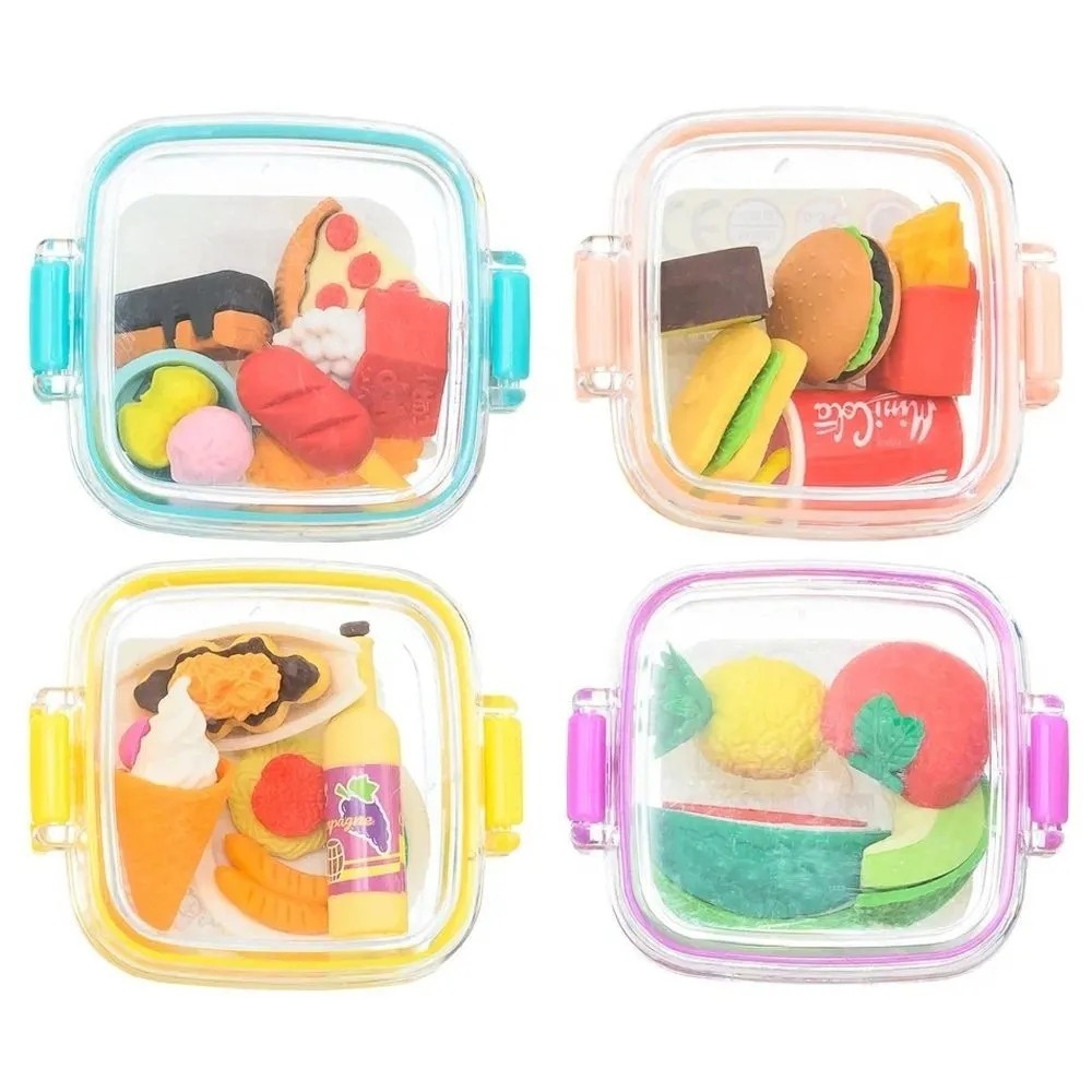 Набор ластиков фигурных в виде еды, 4-6 шт, длина каждого 3-5 см, в контейнере, Qihao, мягкие цветные, школьные стерки для детей