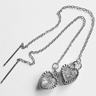 Стальные серьги протяжки цепочки (98мм) "Сердце" для пирсинга ушей. Stainless Steel, кристалл.