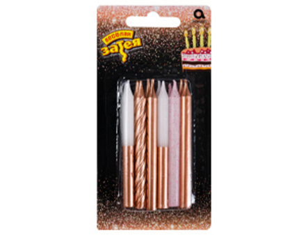 Свечи д/торта роз зол/бел блеск 8см12штA