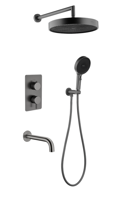 Boheme Комплект для душа CELL, лейка верхняя+ручная, излив, встраиваемый смеситель однорычажный GUN METALL
