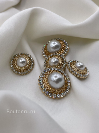Пуговицы с плетением лучики в золотистом металле с жемчугом и стразами