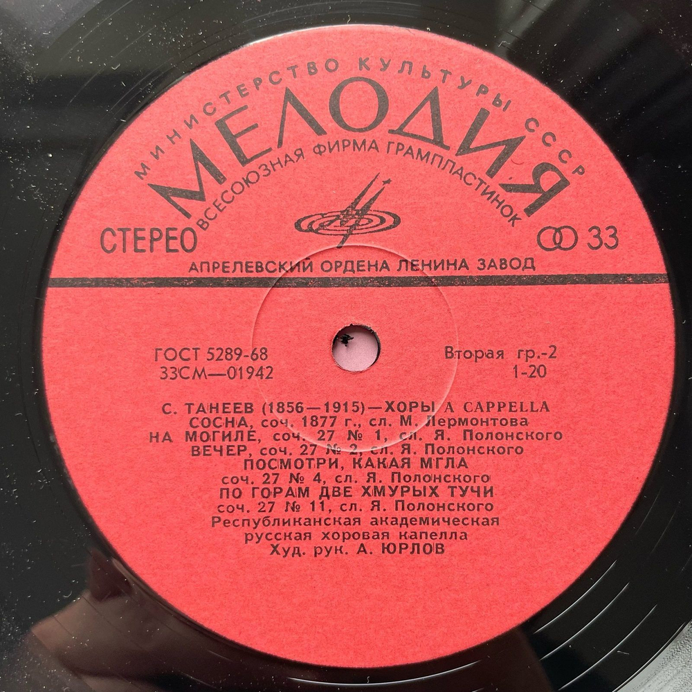 Винтажная виниловая пластинка LP С. Танеев Хоры (СССР 1968)