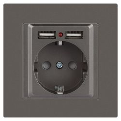 Розетка Intro Accent 6-410-09 с заземлением 2P+E Schuko со шторками 16А-250В + 2хUSB IP20 СУ титан | Intro