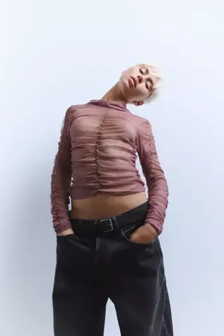 ZARA ТОП ИЗ 100% ШЕЛКА СО СБОРКАМИ, ЦВЕТ РОЗОВОГО ДЕРЕВА