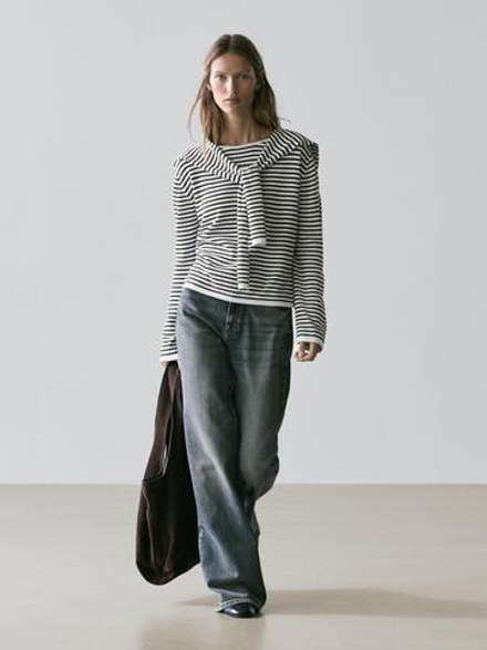 Massimo Dutti Свитер в полоску с декоративными деталями на рукавах, голубой