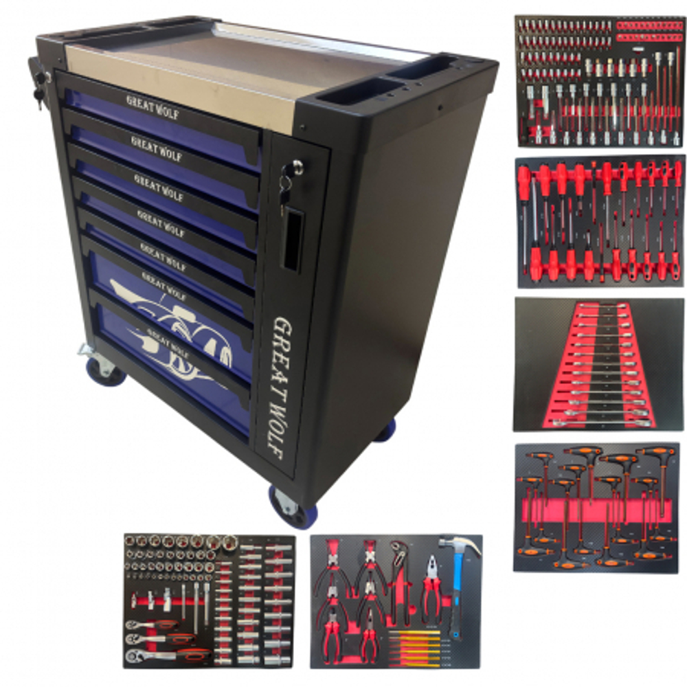 Инструментальная тележка с инструментом GW-8ST 248 BLUE SET (Great Wolf, 248поз), 8 ящиков, увеличенные колеса с тормозом, ЦЗ, усиленная