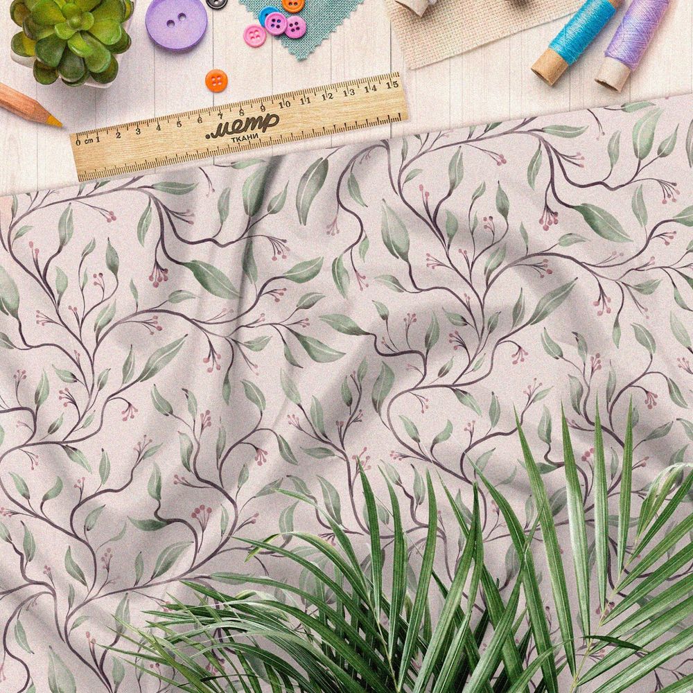 Ткань таффета весенние листья узорные