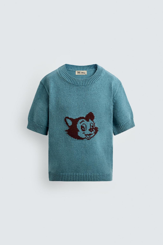 ZARA Х DISNEY ТРИКОТАЖНАЯ ФУТБОЛКА С ЖАККАРДОВЫМ РИСУНКОМ ФИГАРО ,СИНИЙ