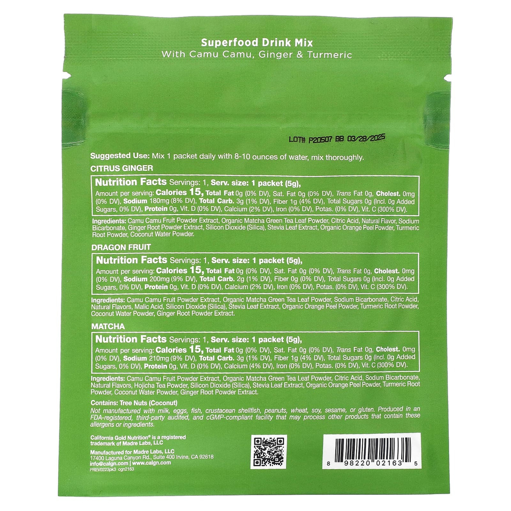 California Gold Nutrition, Matcha Road, матча с витамином C, упаковка пробников, 3 шт.
