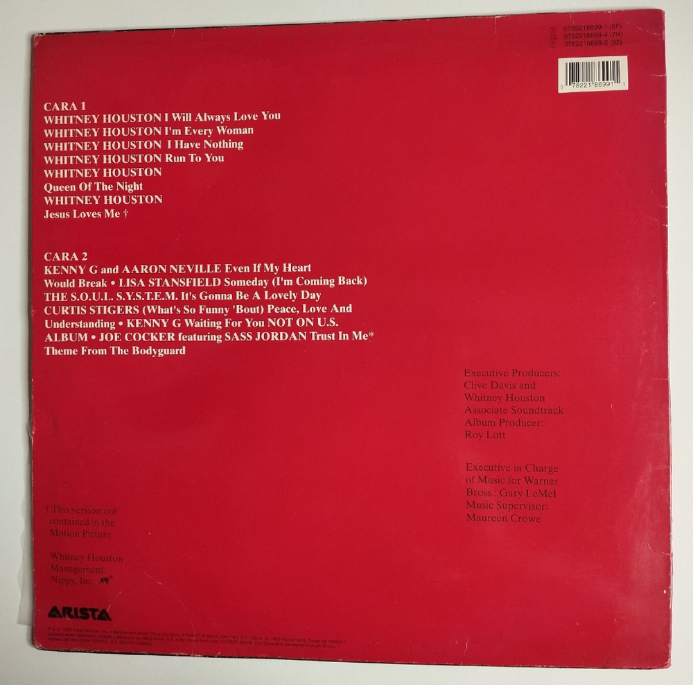 Винтажная виниловая пластинка LP The Bodyguard (El Guardaespaldas) (Spain 1992) Whitney Houston I Will Always Love You