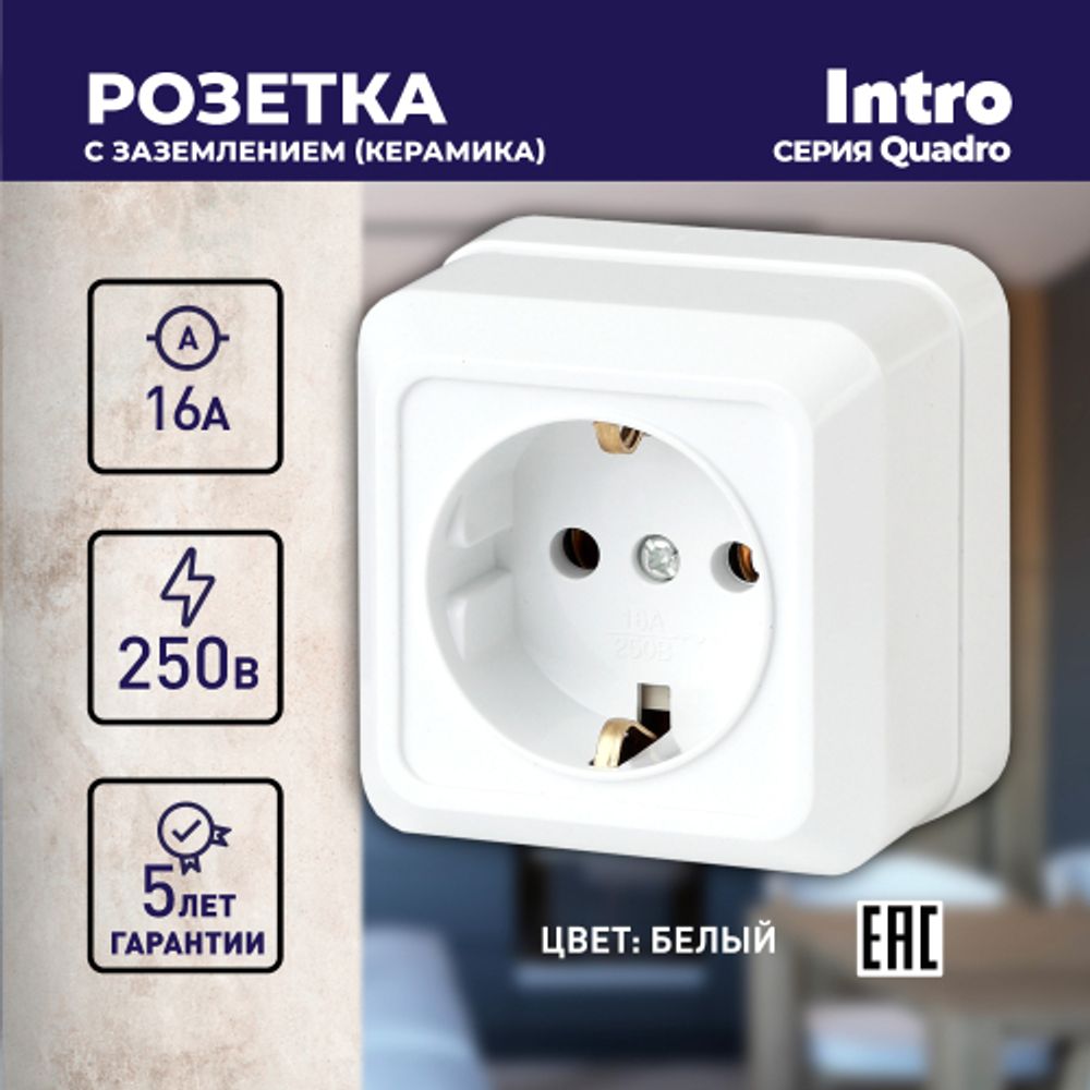 Розетка Intro Quadro 2-202-01 с заземлением 2P+E Schuko, 16А-250В, IP20, ОУ, белый