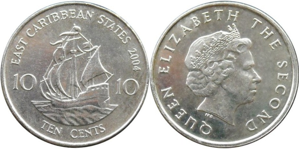 Восточные Карибы 10 центов, 2002-2007 Королева Елизавета II aUNC