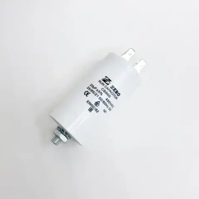 Пусковой конденсатор CBB60 20 мкФ+/-5% 450 цилиндрический, в пластиковом корпусе со шпилькой дна, с клеммами