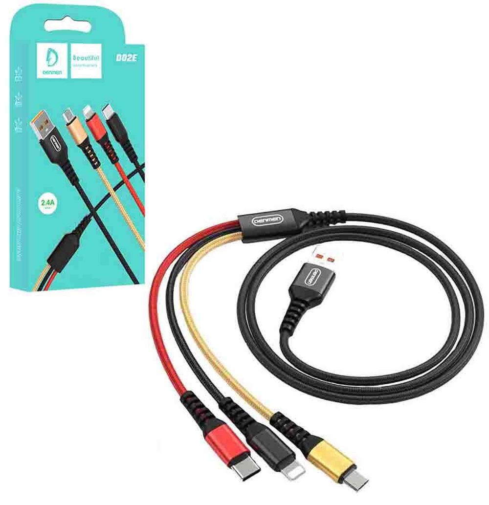 Кабель USB DENMEN D02E 3 в 1 для iPhone/Micro/Type C (черный) 1m