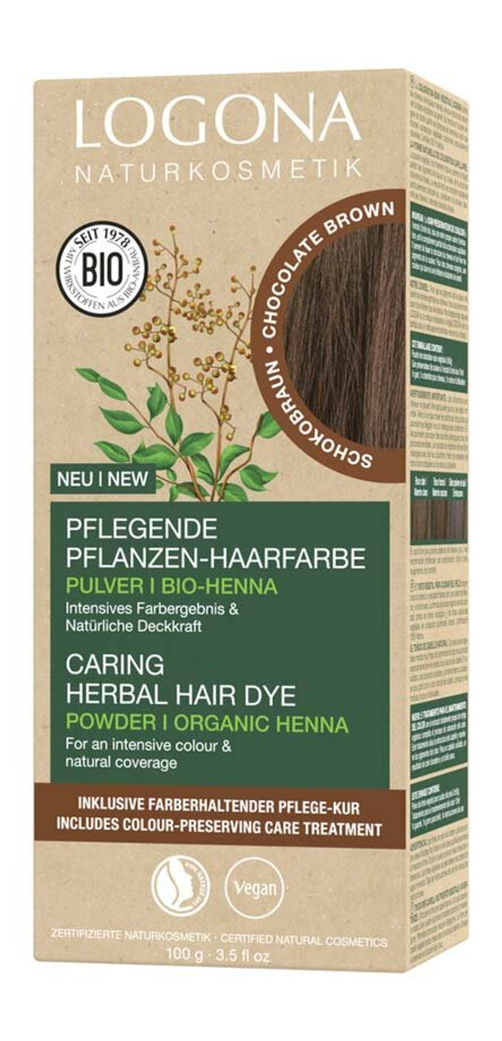 Порошковая краска для волос Logona, шоколадно-коричневый цвет, 100 гр