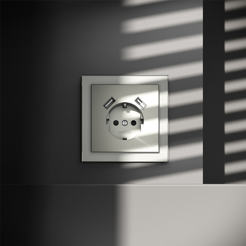 Розетка встраиваемая VOLTUM S70 с заземлением и защитными шторками, 16А, с USB, A+A, (сталь)