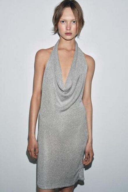 ZARA ВЯЗАНОЕ ПЛАТЬЕ ХАЛТЕР С ЛЮРЕКСОМ, СЕРЕБРИСТЫЙ