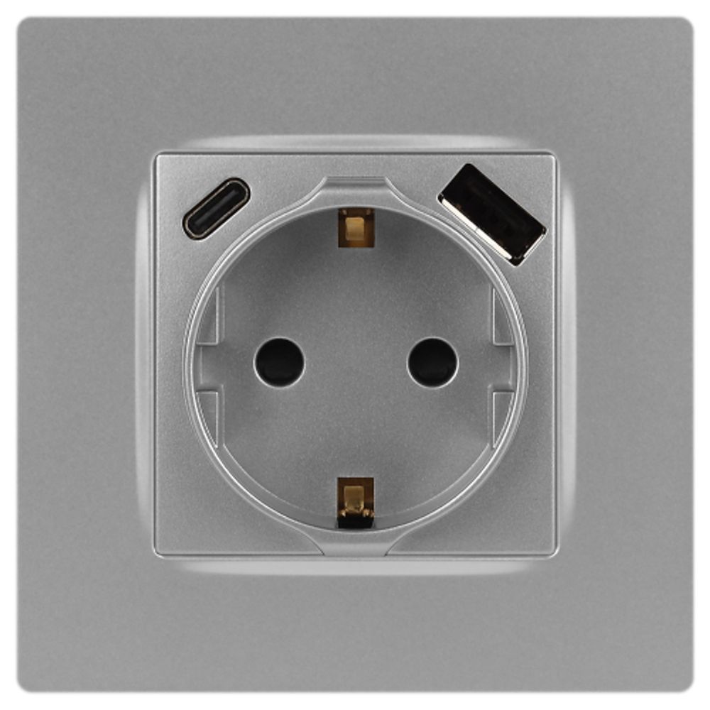 Розетка ЭРА Серия 12 12-4108-03 2P+E 16A-250В со шторками с USB type-A+C 5В-3А алюминий