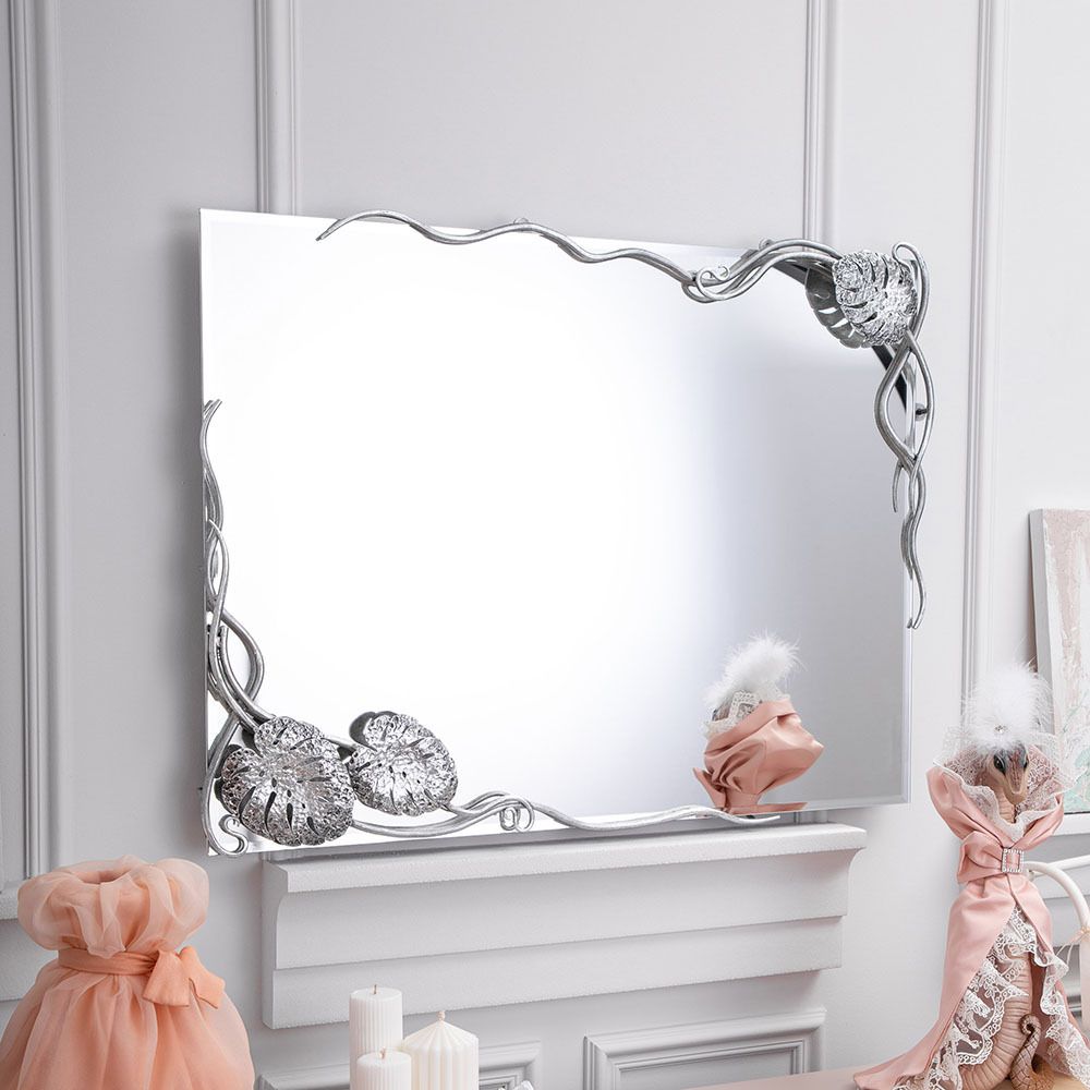 Зеркало настенное Monstera Deliciosa (Монстера) прямоугольное 80х60 Античное серебро