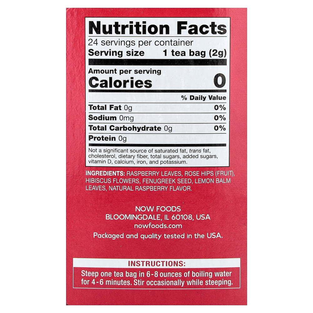 NOW Foods, чай с красной малиной, без кофеина, 24 чайных пакетика, 48 г (1,7 унции)