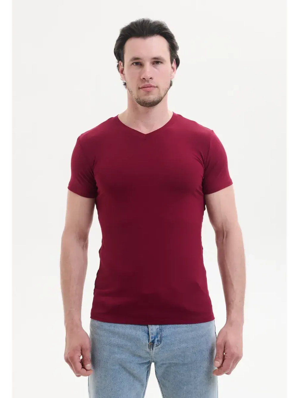 Футболка V-вырез однотонная облегающая