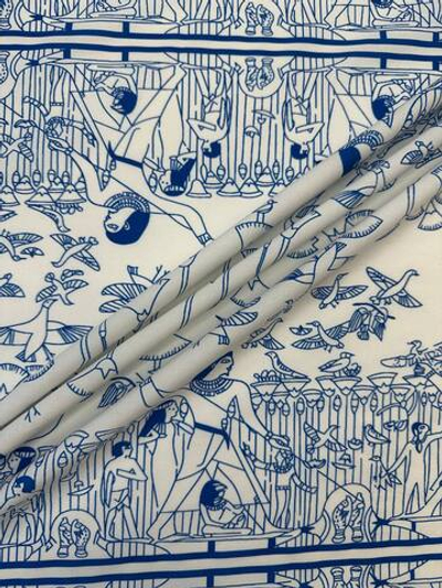 Хлопок с эластаном белый с синий принтом "Египет"