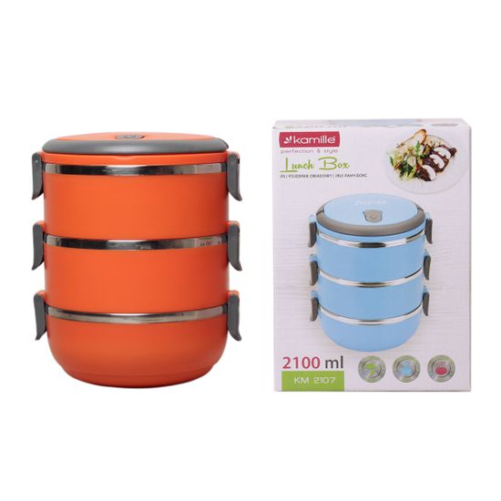 Ланч бокс тройной 2100 мл. круглый Kamille KM-2107 (пластик, нержавеющая сталь)