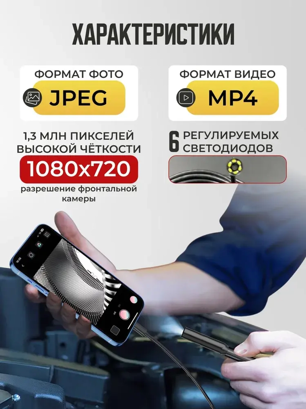 Эндоскоп для смартфона Андроид, Айфон и компьютера 5 м / wifi 2 камеры / водонепроницаемый, для автомобиля и бытовых нужд