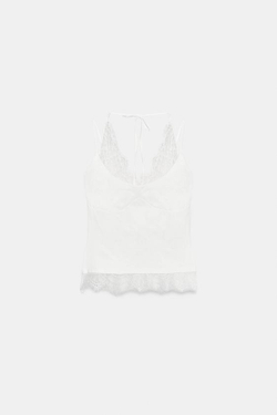 ZARA ТОП С ГОРЛОВИНОЙ ХАЛТЕР И КРУЖЕВОМ, БЕЛЫЙ