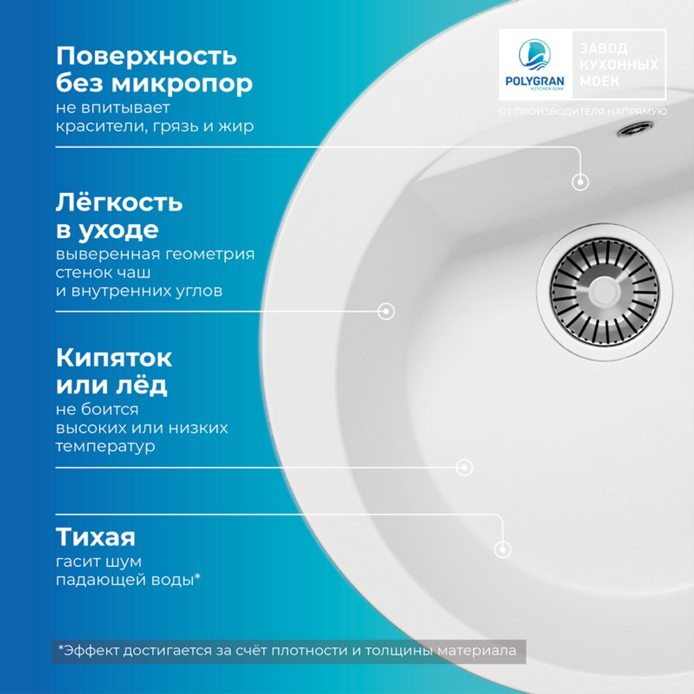 Мойка POLYGRAN ATOL-520 белый хлопок №36, смеситель SKS5 белый