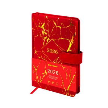 Ежедневник датированный 2026 А5 138x213 мм BRAUBERG "Goldy" под кожу цветной срез красный (117471)