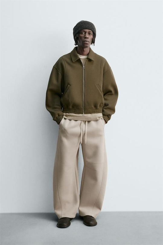 ZARA БРЮКИ BALLOON FIT С ЭФФЕКТОМ НЕОПРЕНА, КАМЕННЫЙ